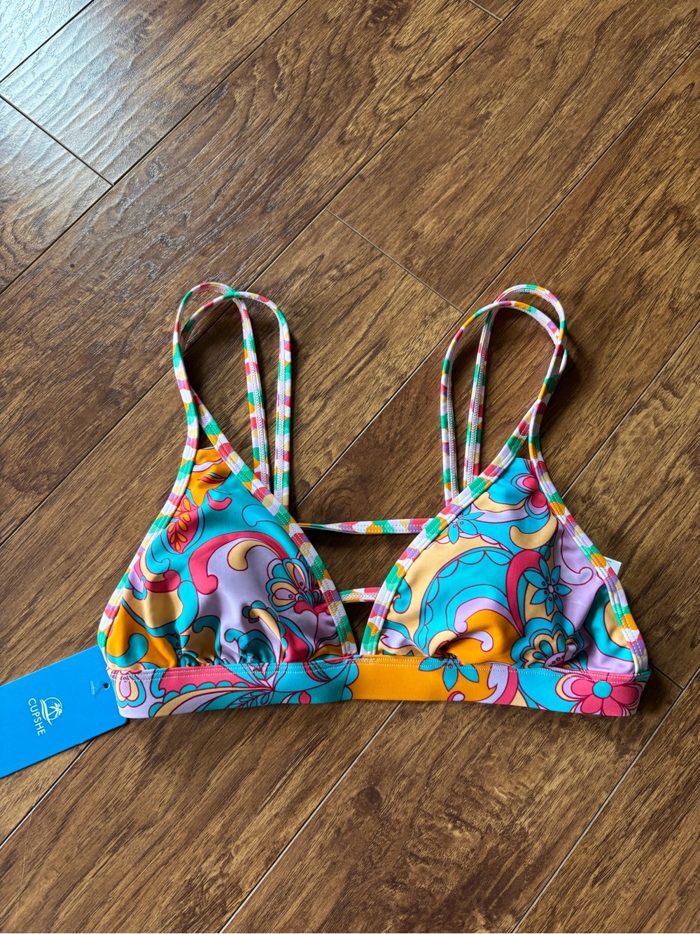 Cupshe Multicolor Floral Strappy Bikini Top - Turquoise, Pink & Yellow